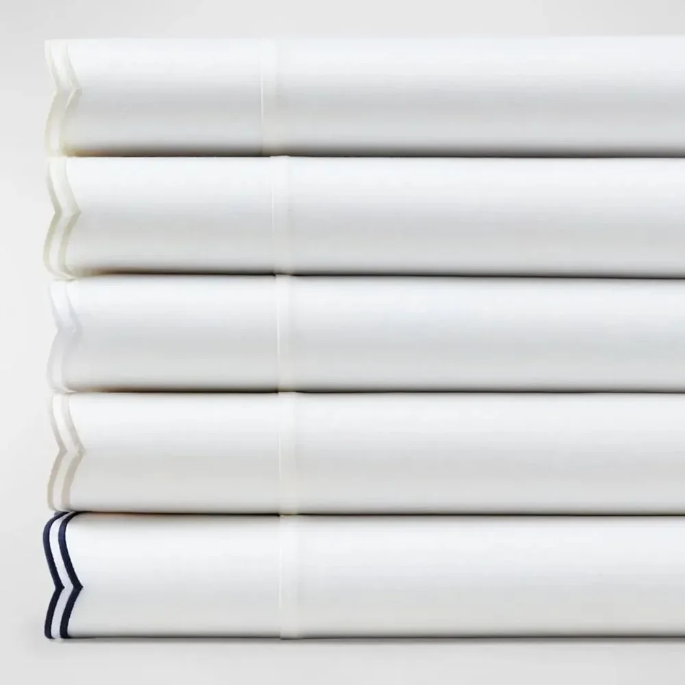Ralph Lauren Malin Scallop Sateen Flat Sheet in White-Silver Trim, Queen NWT